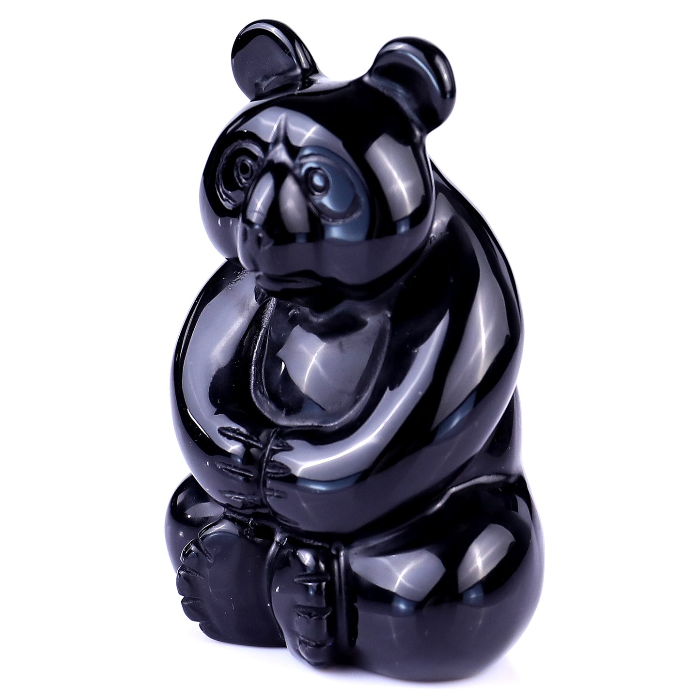 2.9" Black Obsidian Hand Carved Crystal Panda Sculpture Crystallumi