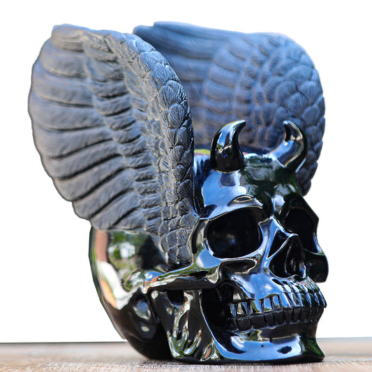 7.1" Obsidian Human Skull with Wings Carving Sculpture piece 2100039 hand carved natural gemstone sculpture by Nicedony