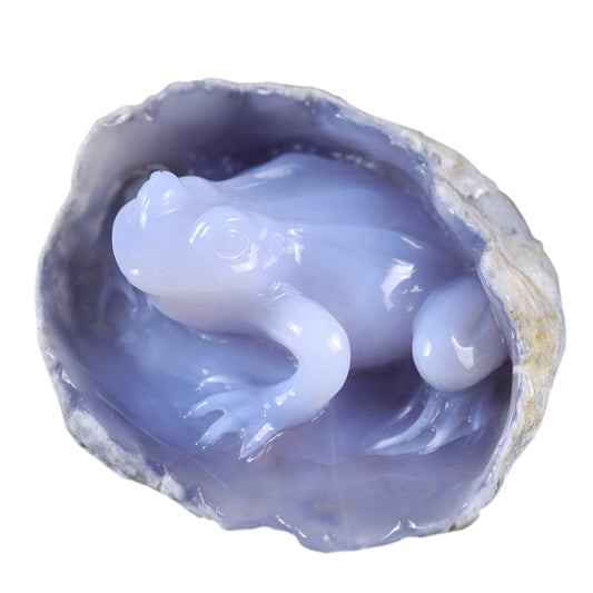 5.2" Blue Chalcedony Frog in Cave Carving Sculpture piece 3100013 hand carved natural gemstone sculpture by Nicedony
