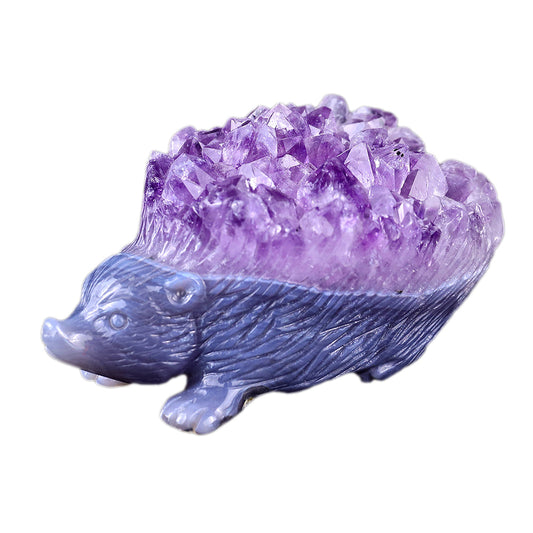 3.4" Amethyst Cluster Hedgehog Carving Sculpture piece 3100032 hand carved natural gemstone sculpture by Nicedony