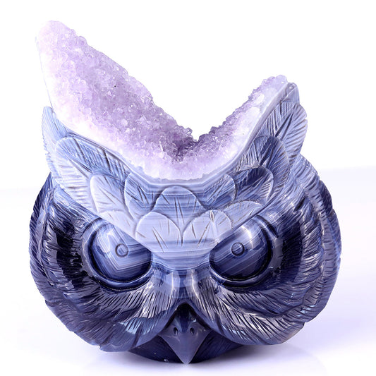 6.1" Amethyst Cluster Owl Head Carving Sculpture piece 3100104 hand carved natural gemstone sculpture by Nicedony