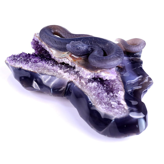 10.9" Amethyst Cluster Snake Carving Sculpture piece 3100140 hand carved natural gemstone sculpture by Nicedony