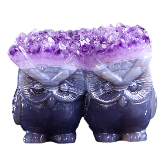 3.0" Amethyst Cluster Double Owl Carving Sculpture piece 3100141 hand carved natural gemstone sculpture by Nicedony