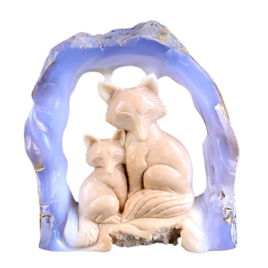 5.8" Blue Chalcedony Mother and Baby Fox Carving Sculpture piece 3100143 hand carved natural gemstone sculpture by Nicedony