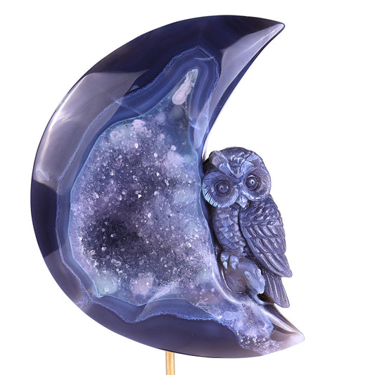 6.1" Clear Quartz Cluster Crescent Owl Carving Sculpture piece 3100164 hand carved natural gemstone sculpture by Nicedony