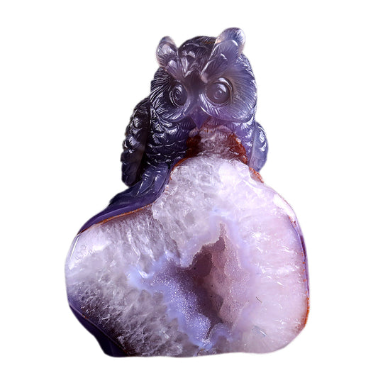 4.3" Geode Agate Owl Carving Sculpture piece 3100239 hand carved natural gemstone sculpture by Nicedony
