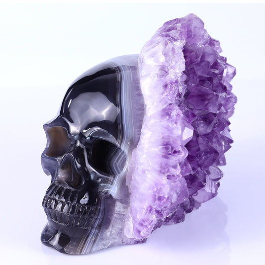 8.4" Amethyst Cluster Human Skull Carving Sculpture piece 3100256 hand carved natural gemstone sculpture by Nicedony
