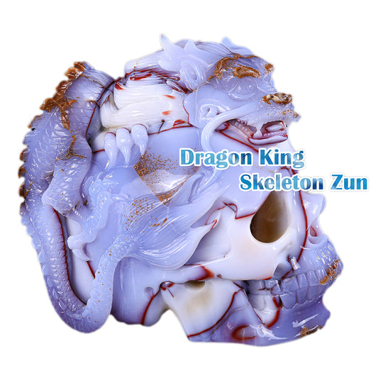 6.5" Blue Chalcedony Dragon with Skull Carving Sculpture piece 3100268 hand carved natural gemstone sculpture by Nicedony
