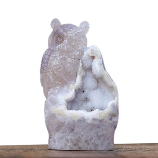 6.0" Geode Agate Owl Carving Sculpture piece 3100344 hand carved natural gemstone sculpture by Nicedony