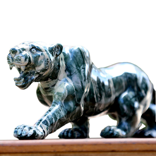 10" Kowloon Jade Tiger Carving Sculpture piece 3100401 hand carved natural gemstone sculpture by Nicedony