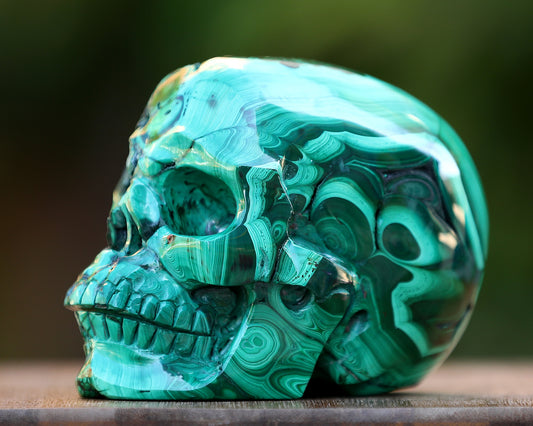5.5" Malachite Hand Carved Crystal Realistic Skull Sculpture