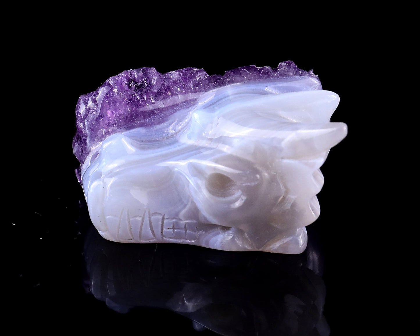 Nicedony 1.7" Amethyst Druse Agate Hand Carved Dragon Skull Sculpture - View 9