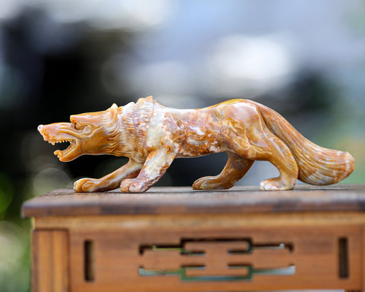 Nicedony 10.2" Chalcedony Hand Carved Crystal Wolf Sculpture