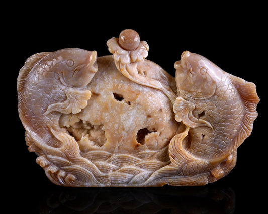 Nicedony 10.6" Chalcedony Hand Carved Crystal Fishes Sculpture