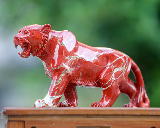 Nicedony Amazing 11.0" Red Jasper Hand Carved Crystal Tiger Sculpture