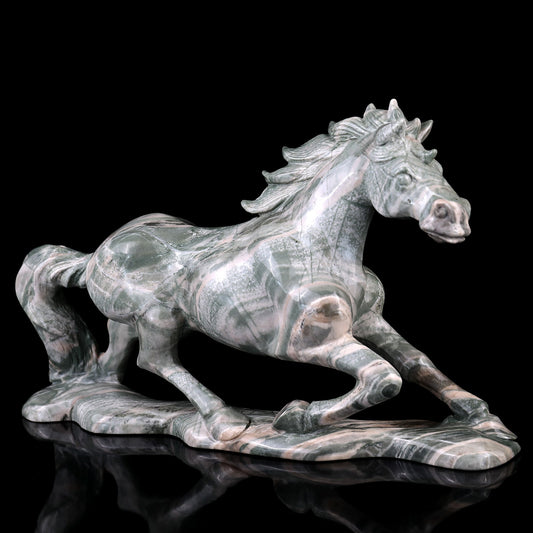 Nicedony 11.6" Jiulong Jade Hand Carved Crystal Horse Sculpture