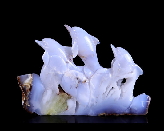 Nicedony 11.8" Blue Chalcedony Hand Carved Crystal Dolphins Sculpture
