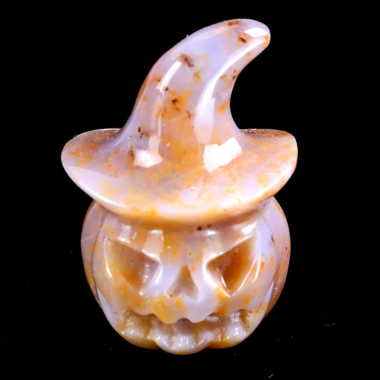 Nicedony 2.3” Natural Chalcedony Hand Carved Crystal Wizard Pumpkin Sculpture, Halloween Gift