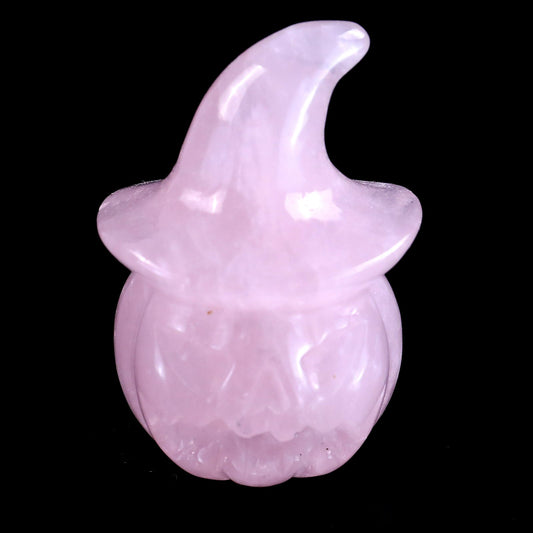 Nicedony 2.3” Natural Rose Quartz Hand Carved Crystal Wizard Pumpkin Sculpture, Halloween Gift