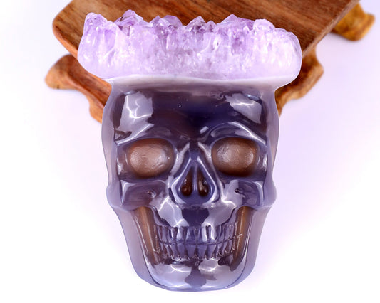 Nicedony 2.6" Amethyst Druse Agate Hand Carved Crystal Skull Pendant
