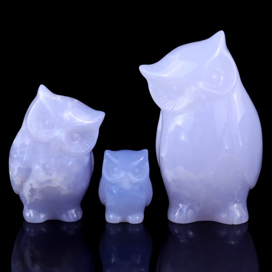 Nicedony 3.0" Blue Chalcedony Hand Carved Crystal Owl’s Family Sculpture