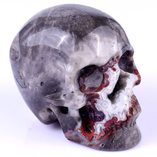Nicedony 3.0" Red Crazy Lace Agate Hand Carved Geode Skull Sculpture