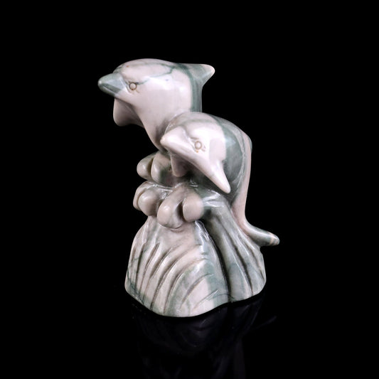 Nicedony 3.2" Jiulong Jade Hand Carved Crystal Dolphins Sculpture - #2100309