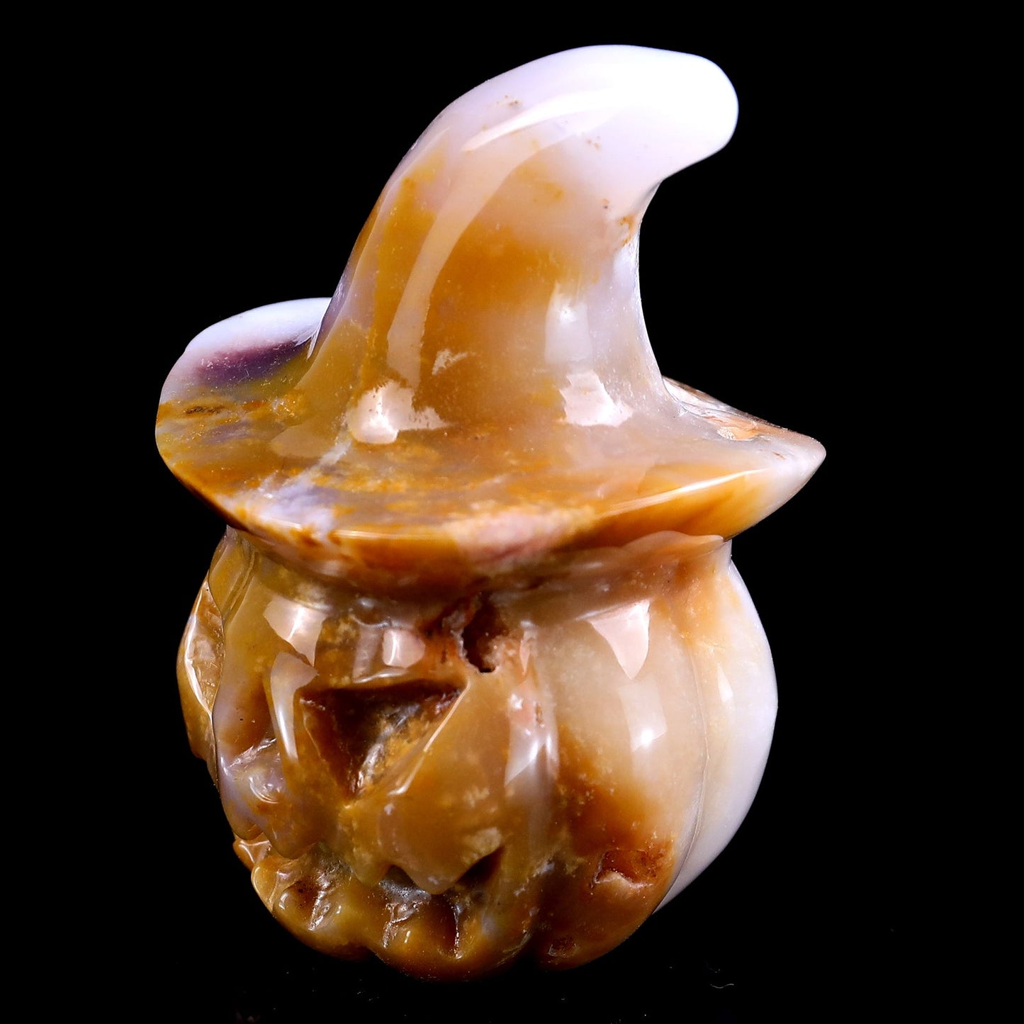 Nicedony 3.4” Natural Chalcedony Hand Carved Crystal Wizard Pumpkin Sculpture, Halloween Gift - View 7