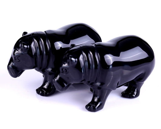 Nicedony 3.9" Black Obsidian Hand Carved Crystal Hippo Sculpture