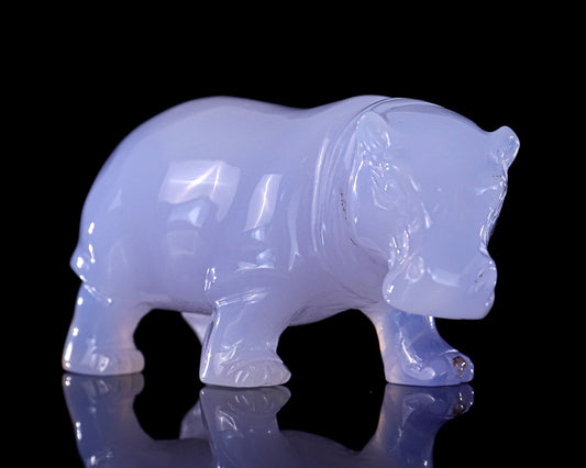 Nicedony 3.9" Blue Chalcedony Hand Carved Crystal Hippo Sculpture - #4100359