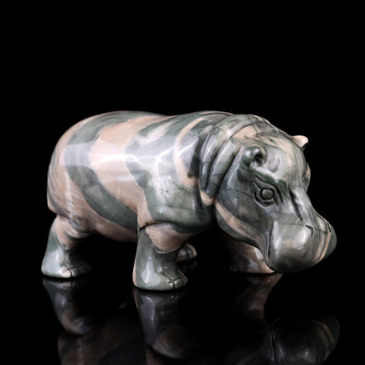 Nicedony 4.1" Jiulong Jade Hand Carved Crystal Hippo Sculpture - #2100076