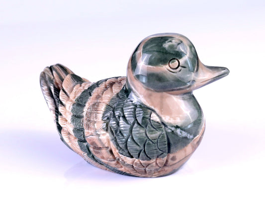 Nicedony 4.1" Jiulong Jade Hand Carved Mandarin Duck Sculpture - #4100192
