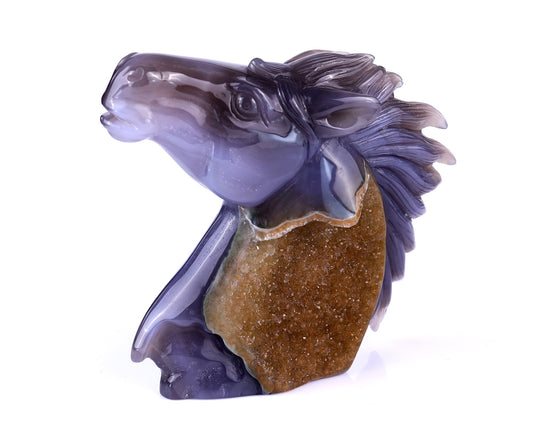 Nicedony 4.7" Geode Agate Hand Carved Crystal Horse Head Sculpture