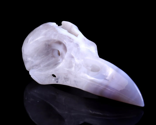 Nicedony 5.1" White Geode Agate Hand Carved Raven Skull Sculpture