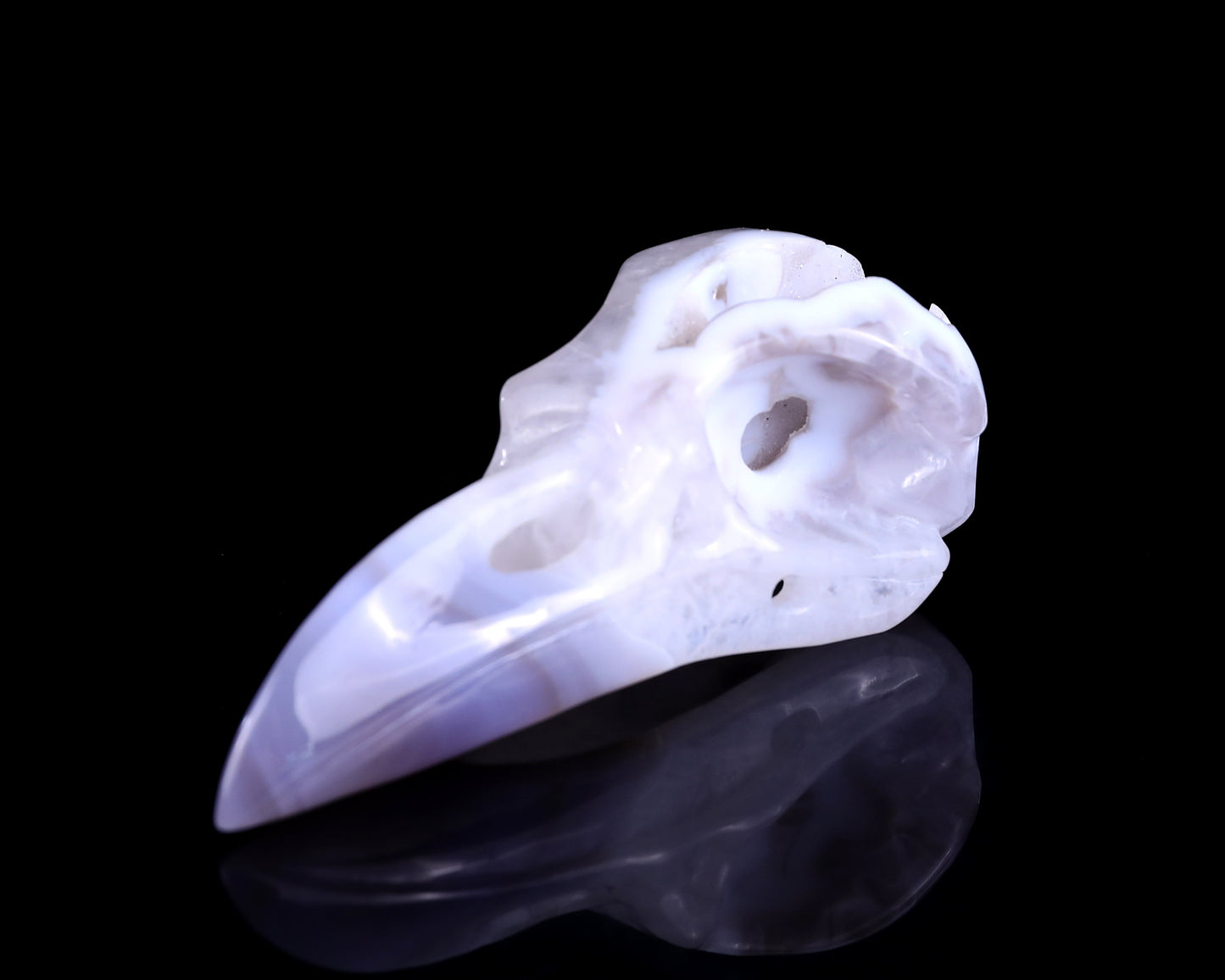 Nicedony 5.1" White Geode Agate Hand Carved Raven Skull Sculpture - View 9