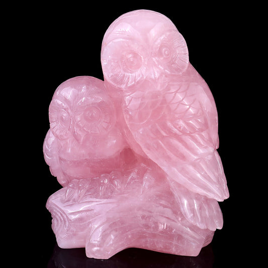 Nicedony 5.3" Rose Quartz Hand Carved Crystal Owls Sculpture