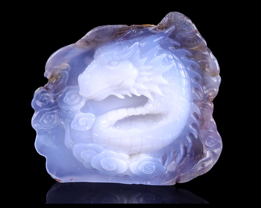 Nicedony 6.3" Blue Chalcedony Hand Carved Crystal Dragon Sculpture