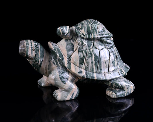 Nicedony 6.3" Jiulong Jade Hand Carved Crystal Turtles Sculpture