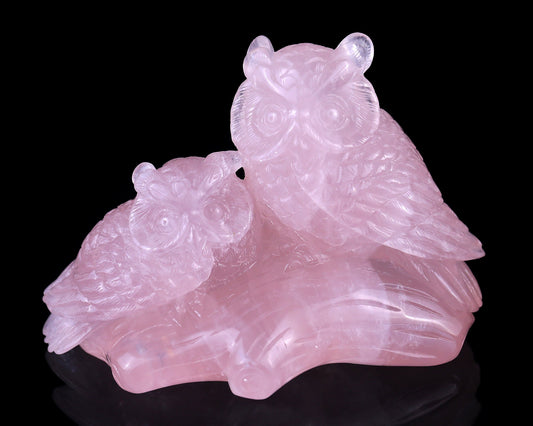 Nicedony 6.3" Rose Quartz Hand Carved Crystal Owls Sculpture