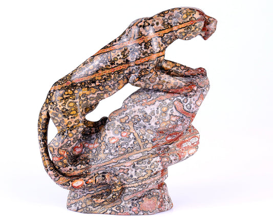 Nicedony 6.8" Red Leopard Skin Jasper Hand Carved Leopard Sculpture
