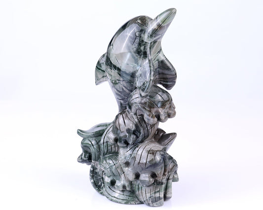 Nicedony 7.1" Jiulong Jade Hand Carved Crystal Dolphins Sculpture