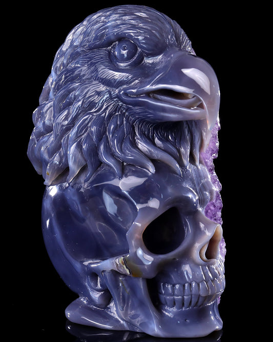 Nicedony Unique 7.2" Amethyst Druse Agate Hand Carved Mineral Specimen Skull and Eagle Sculpture