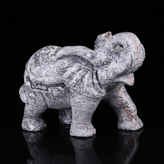 Nicedony 7.4" Map Jasper Hand Carved Crystal Elephant Sculpture