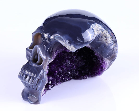 Nicedony 7.5" Amethyst Geode Agate Hand Carved Crystal Geode Skull Sculpture