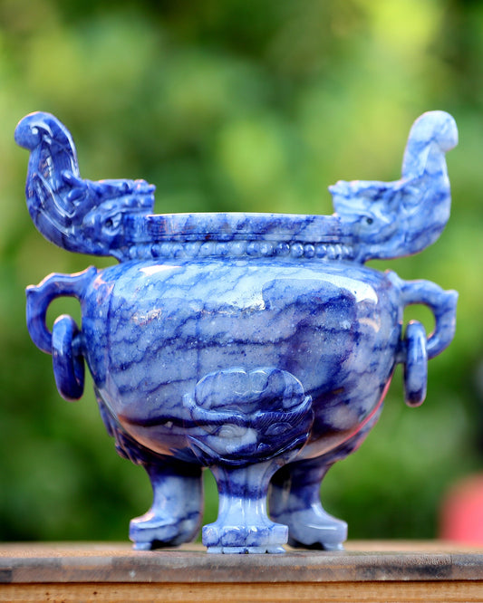 Nicedony 8.3” Natural Blue Aventurine Hand Carved 3 Foot Censer