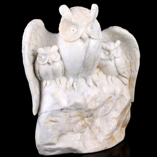 Nicedony 8.5" White Jade Hand Carved Crystal Owls Sculpture