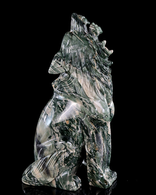 Nicedony 9.4" Jiulong Jade Hand Carved Crystal Wolf Sculpture