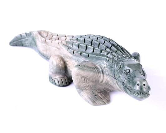 Nicedony 9.6" Jiulong Jade Hand Carved Crystal Crocodile Sculpture