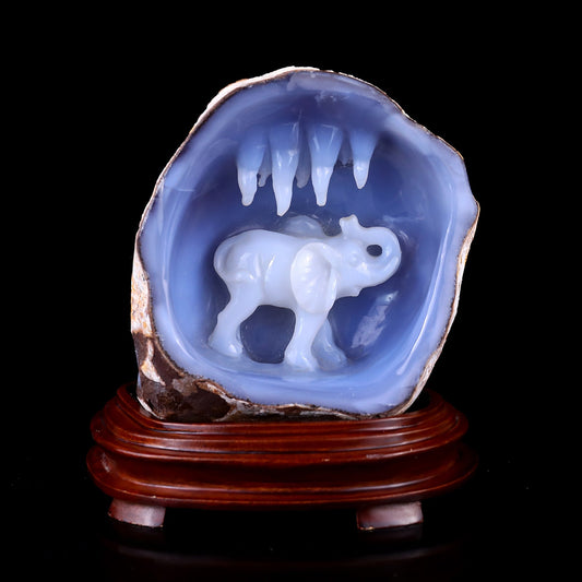 Nicedony 5.7" Blue Chalcedony Hand Carved Crystal Elephant Sculpture