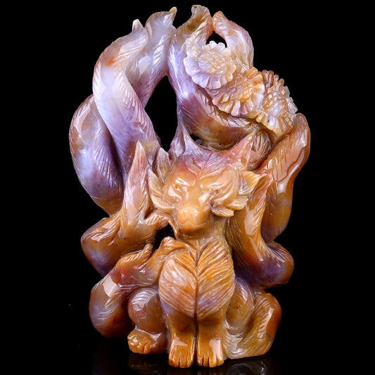 Nicedony 7.1" Chalcedony Hand Carved Nine-tail Foxes Sculpture